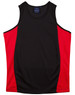 A black singlet with red contrast panels, featuring a logo on the neckline. Made from lightweight material.