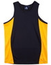 A black and yellow kid's singlet with contrast mesh panels and a branded label inside.