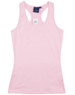 A pink ladies' fitted stretch singlet with a racerback design and a logo on the label.