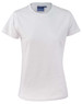 A white ladies' cotton semi-fitted tee, featuring a crew neck and short sleeves. It has a logo on the label.