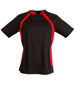 A black and red men's t-shirt with short sleeves and a sporty design, featuring a logo on the chest.