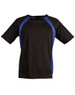A black men's t-shirt featuring blue accents and a logo, with short sleeves and a round neckline.