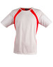 A white men's tee shirt with red side panels and short sleeves, featuring a logo on the neckline.