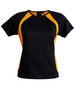 A black and yellow ladies' t-shirt with a sporty design and a logo.