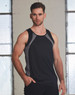 A men's sprint singlet in black with grey detailing, featuring a fitted design and a logo on the front.