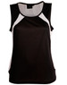 A black and white ladies' sprint singlet featuring a sporty design and a logo on the label.