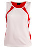 A white singlet featuring red accents and a logo on the neckline. Suitable for women's athletic wear.