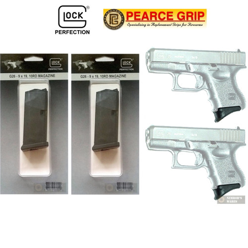 TWO GLOCK 26 9mm 10 Round MAGAZINES + Pearce Grip EXTENSIONS 26010 PG-26