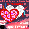 Valentines Day Color by Number Addition & Subtraction to 20 Printable & Digital