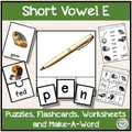 CVC Short Vowel E Bundle Make-A-Word, Puzzles, Worksheets & Flashcards