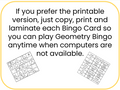 Geometry Bingo - Digital and Printable