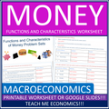 Functions & Characteristics of Money Economic Worksheet Google Slides Economics