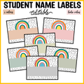 Printable Boho Neutral Spotty Rainbow Student Name Labels, Editable Name Tags