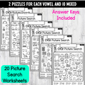 CVCe Long Vowels Phonics Picture Search I Spy Read and Find Worksheet Puzzles