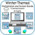 Multiplication and Division Math Bundle - 5 Winter-Themed Games/Lessons/Flashcards