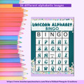 Alphabet Bingo Cards with Teal Unicorn Letters Game - 5x5