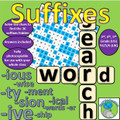 Suffixes - Word Search, answer the clues to find 36 hidden suffixes