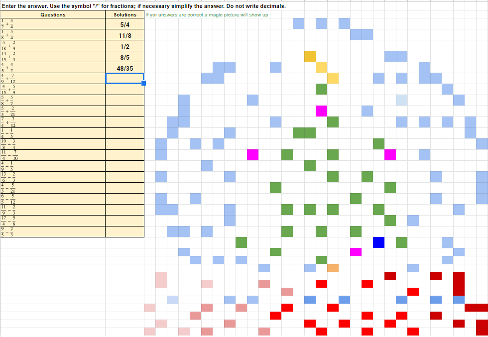 Adding and Subtracting Fractions Pixel Art Activity Google Sheets