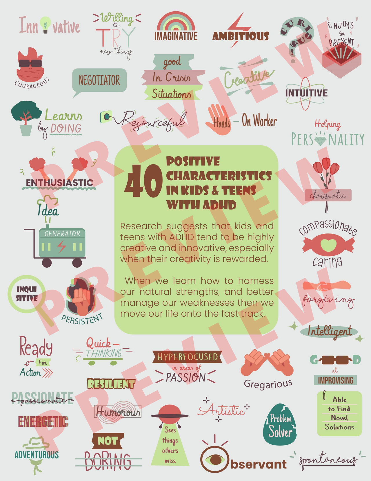 Positive Attributes Hand Out ADHD Printabel Poster Handout - 40 Positive Characteristics In Kids ...