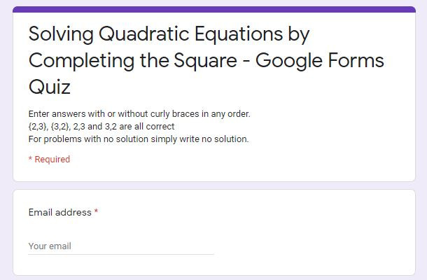 Solving Quadratic Equations using Square Roots: Google Forms Quiz - 20 ...