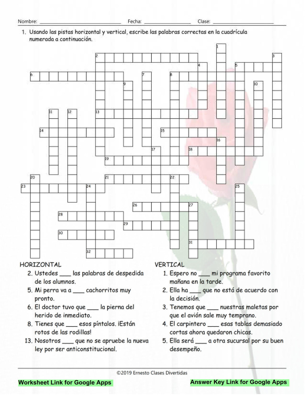 Sports and Exercise Interactive Spanish Crossword-Google Apps - Amped Up  Learning