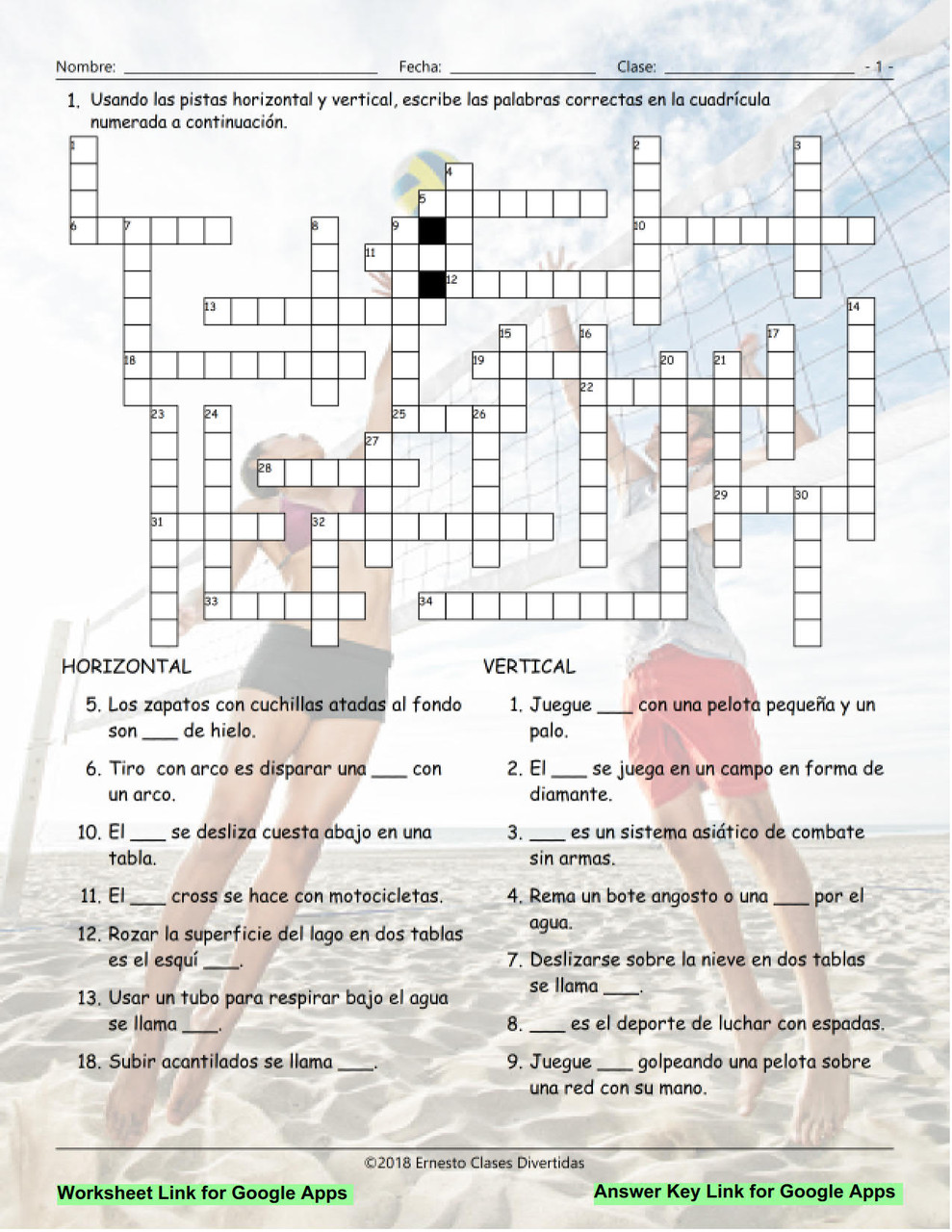 Sports and Exercise Interactive Spanish Crossword Google Apps Amped