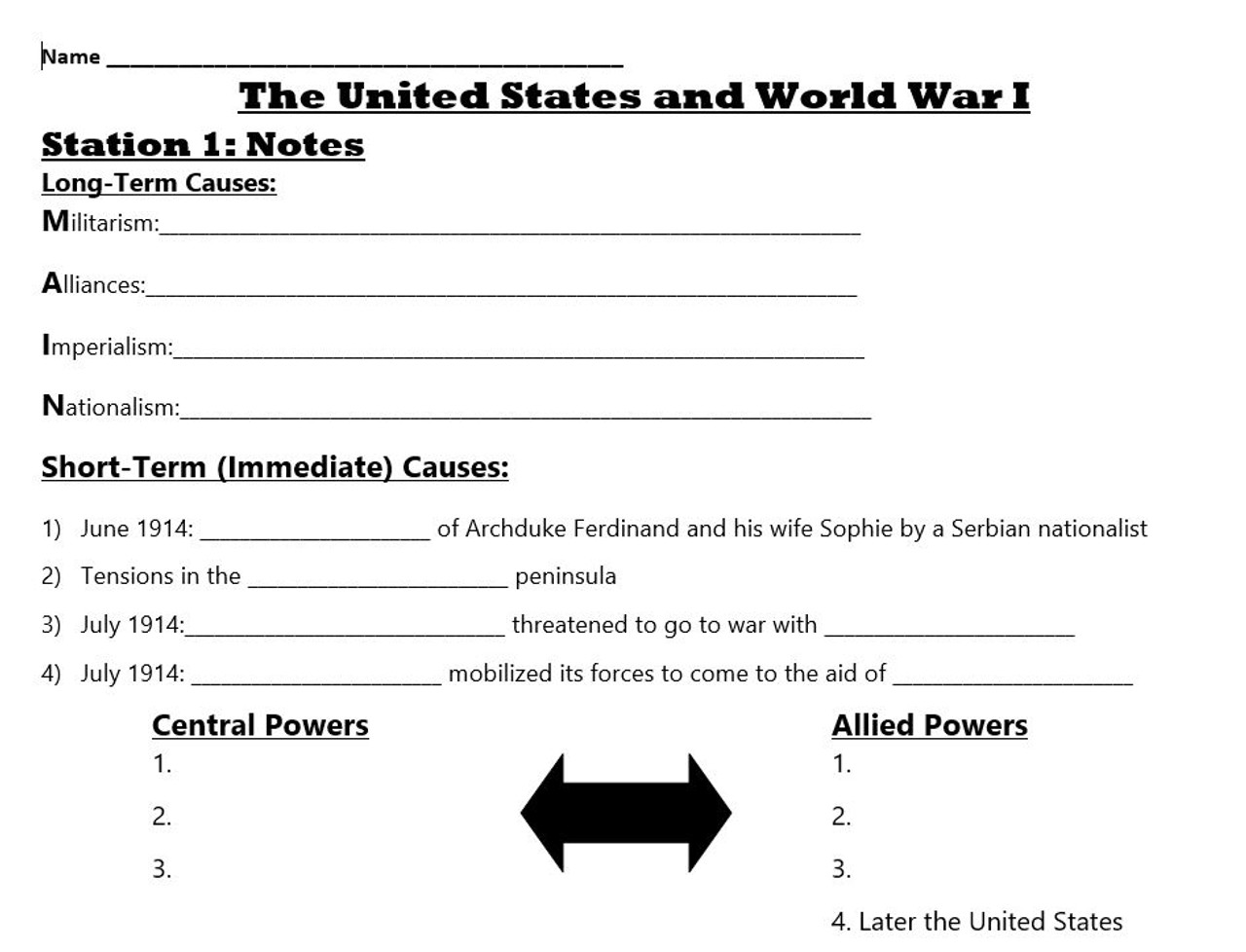U.S. During World War I Stations Lesson 