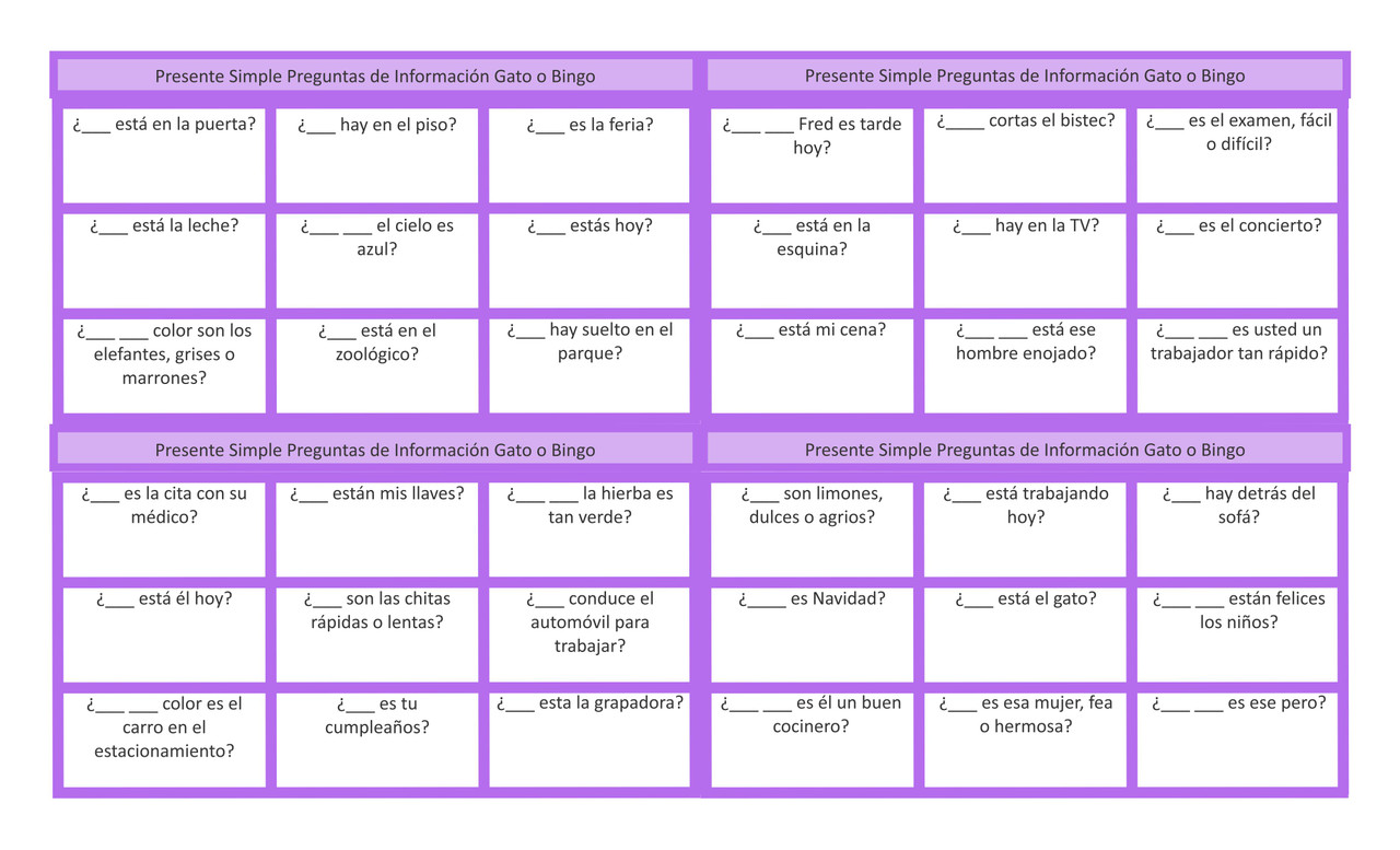 Present Simple Tense Question Words Spanish Legal Size Text Tic-Tac-Toe or Bingo Game