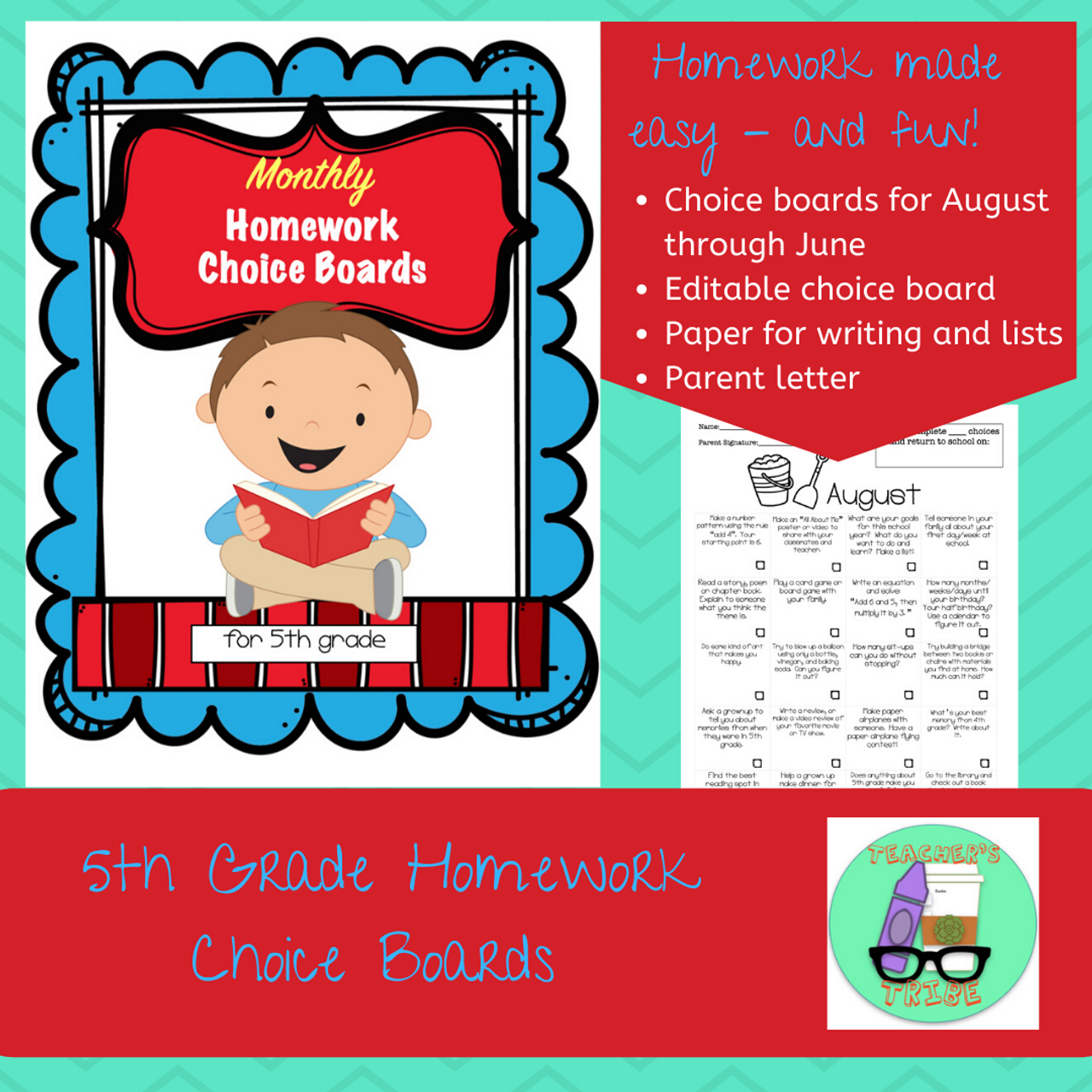 5th Grade Homework Choice Boards for All Year