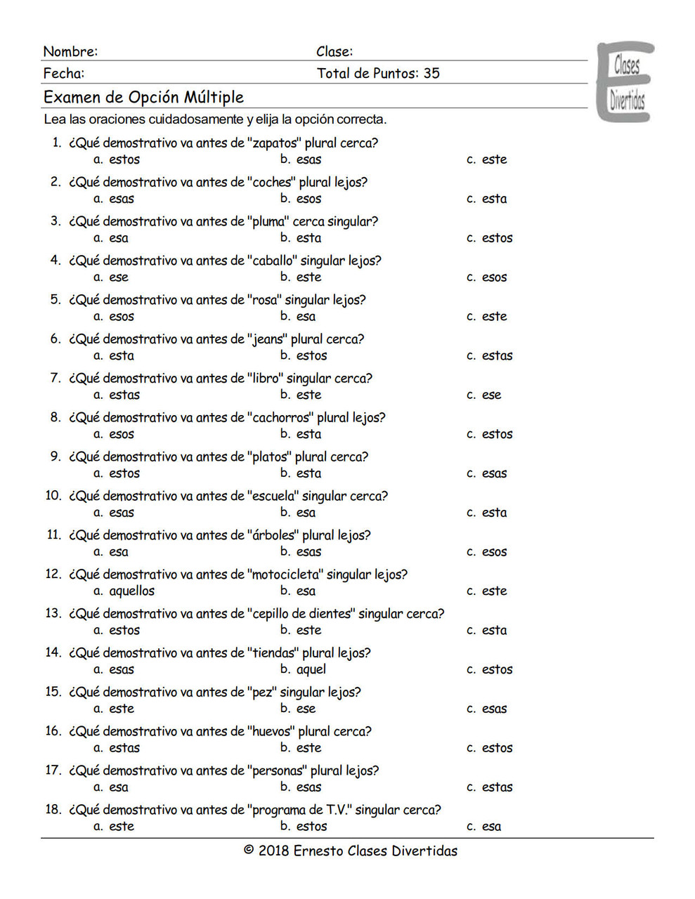 Demonstrative Adjectives Spanish Multiple Choice Exam For Demonstrative Adjectives Spanish Worksheet