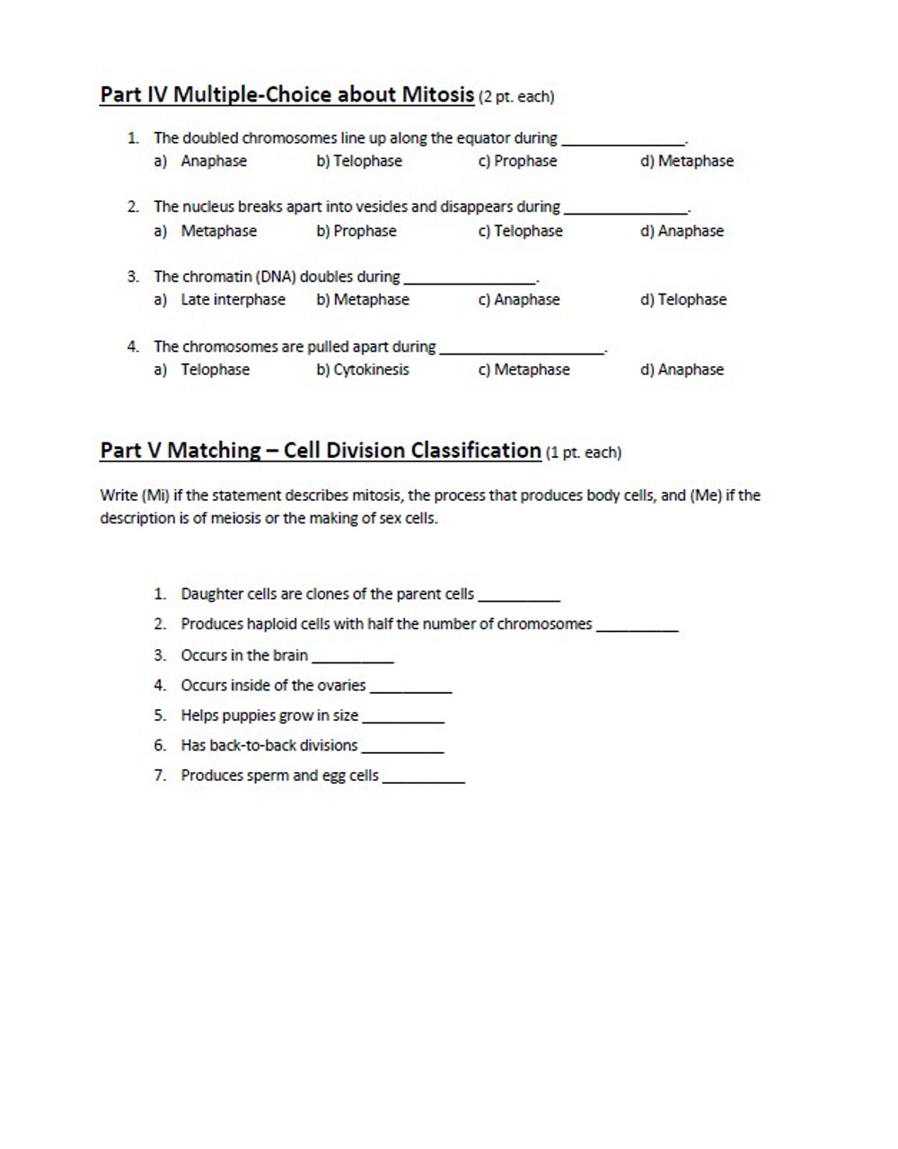 Mitosis and Meiosis Homework Quiz Bundle With Meiosis Matching Worksheet Answer Key