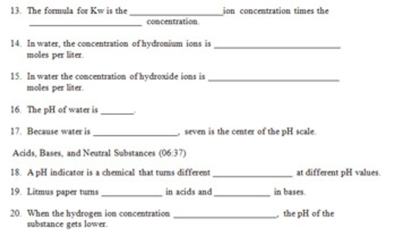 Crash Course Chemistry Video Worksheet 30 pH and pOH (Distance Learning)