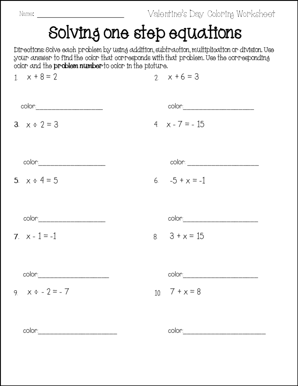 Valentine #39 s Day One Step Equations Coloring Activity Amped Up Learning