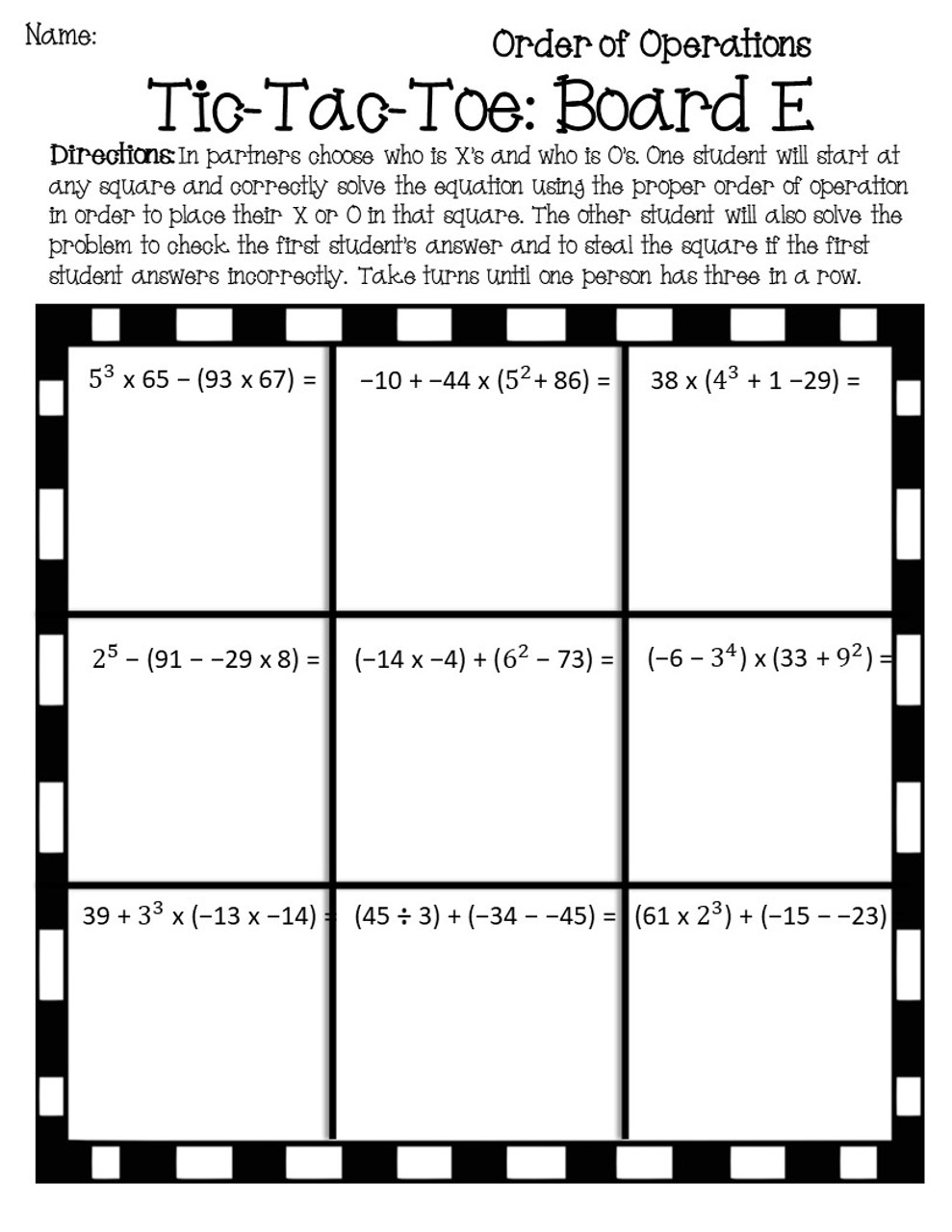 Order of Operations Tic Tac Toe Game