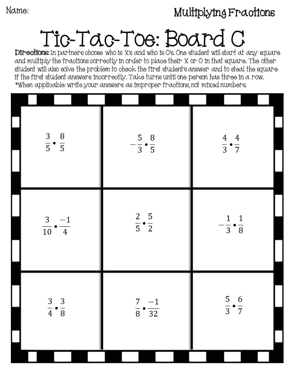 Fractions Tic-Tac-Toe with 5 Game Boards