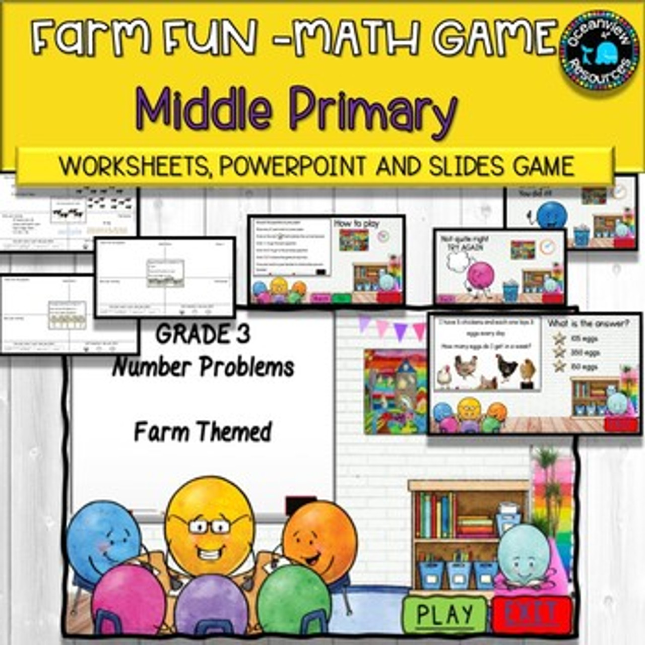 Farm Math Problems for Middle Primary students-Powerpoint game and worksheets
