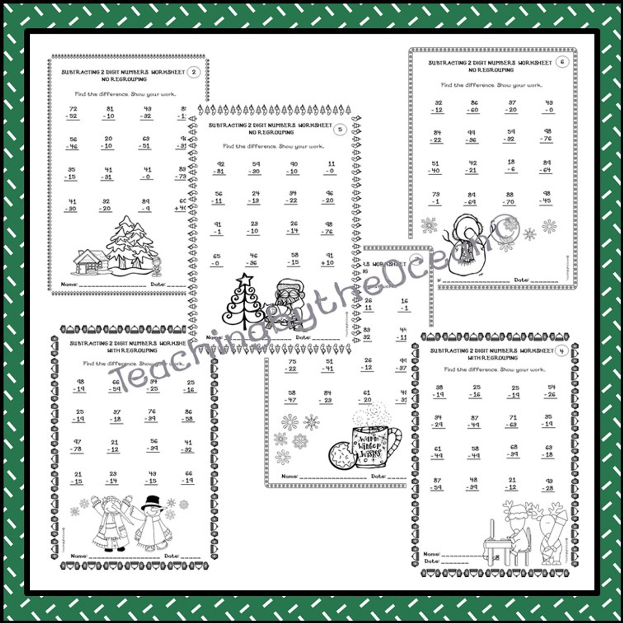 Subtracting 2 Digit Numbers Worksheets – Winter / Christmas Themed