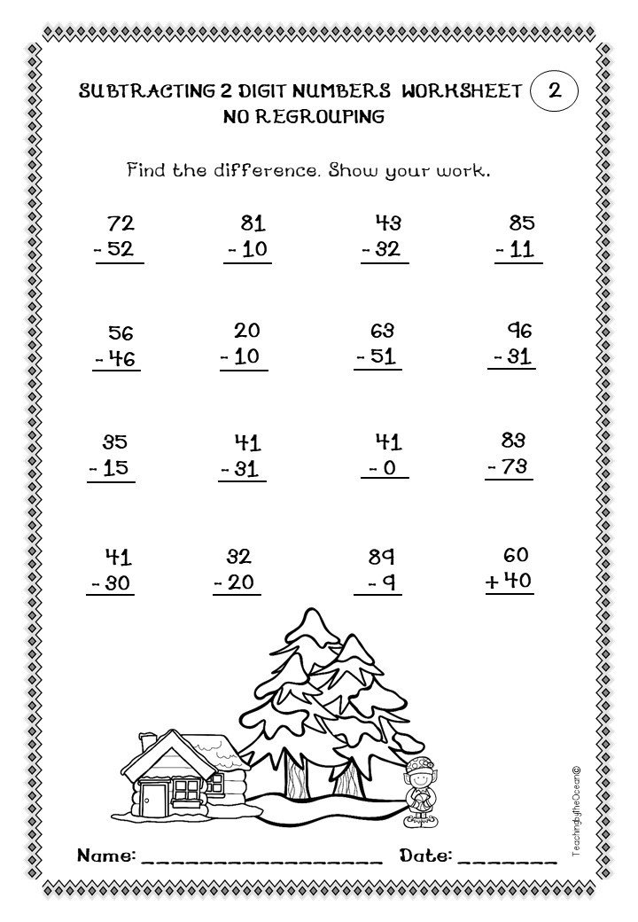 subtracting 2 digit numbers worksheets – winter / christmas themed