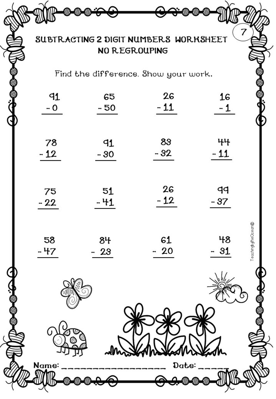 Subtracting 2 Digit Numbers Worksheets – Spring Themed