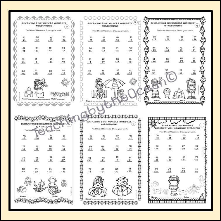 Subtracting 2 Digit Numbers Worksheets – Summer Themed - Amped Up Learning for Free Printable 2 Digit Subtraction With Regrouping