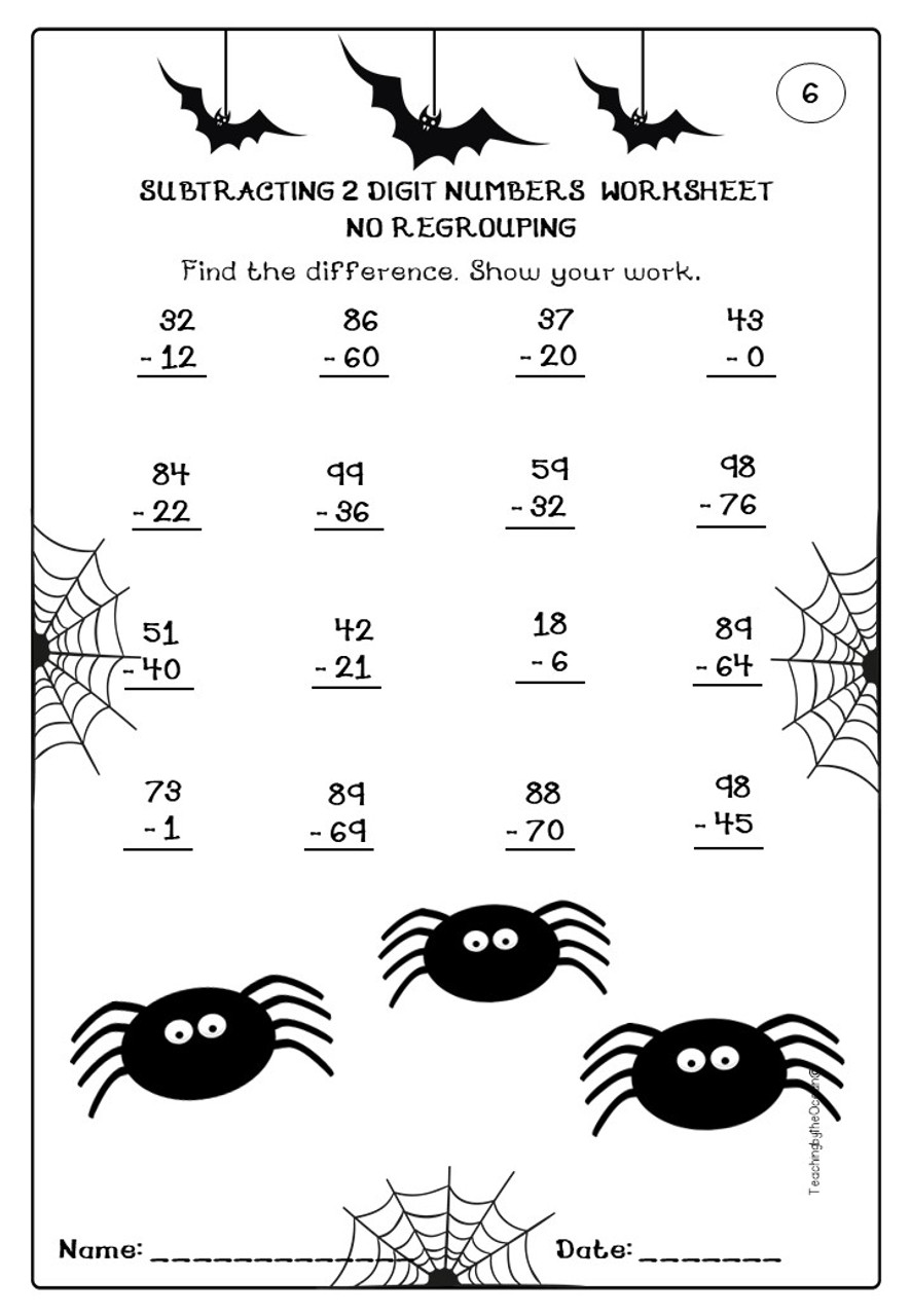 Subtracting 2 Digit Numbers Worksheets – Halloween Themed