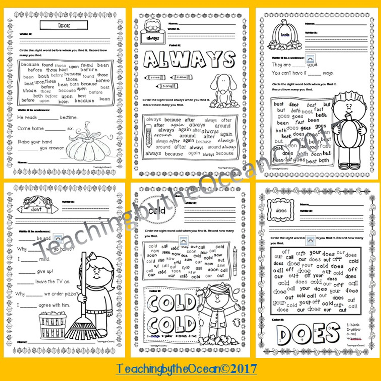 Second Grade Sight Words Worksheets - Fall Themed