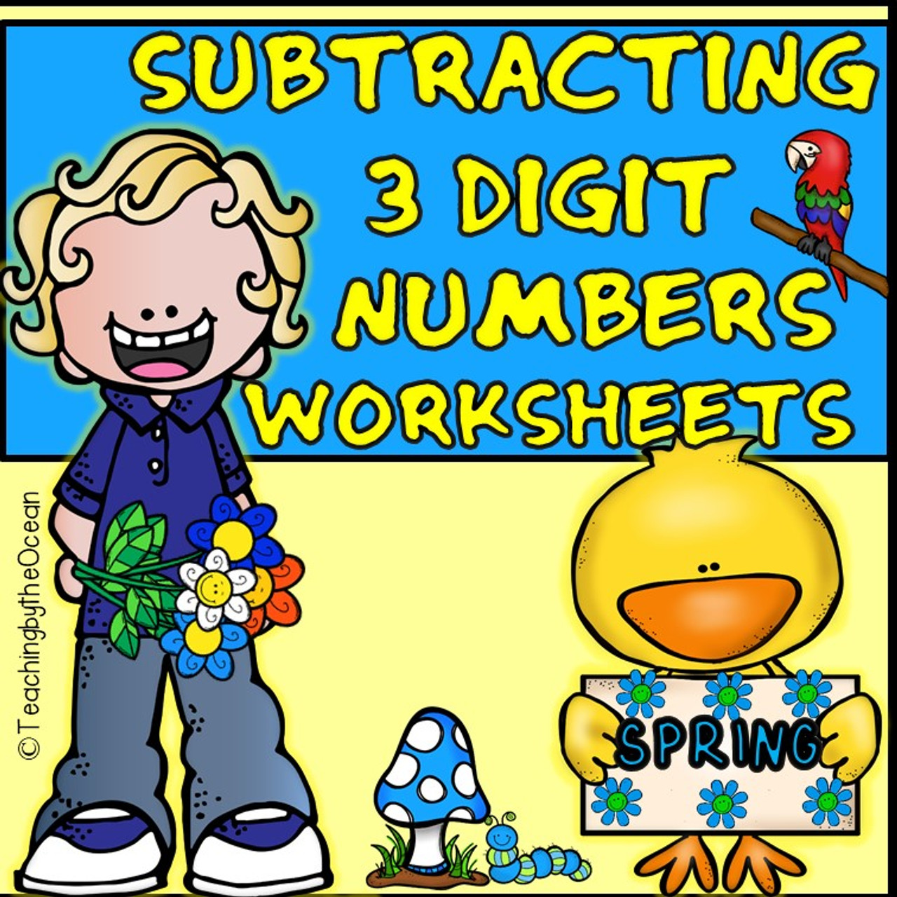 Subtracting 3 Digit Numbers Worksheets - Spring Themed