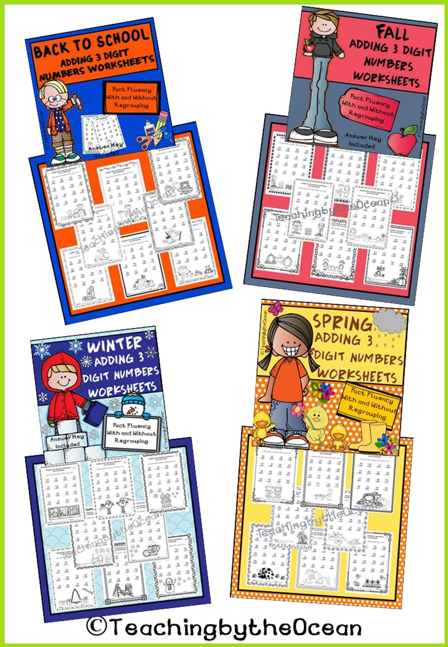 Adding and Subtracting 3 Digit Numbers Worksheets All Year BUNDLE
