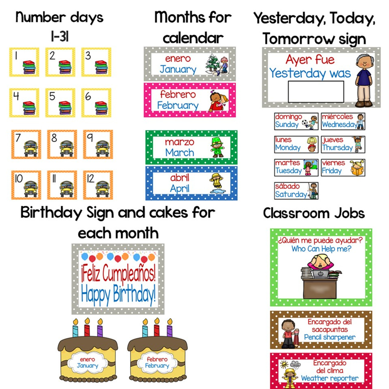 Bilingual Polka Dot Calendar Set and Classroom Decorations