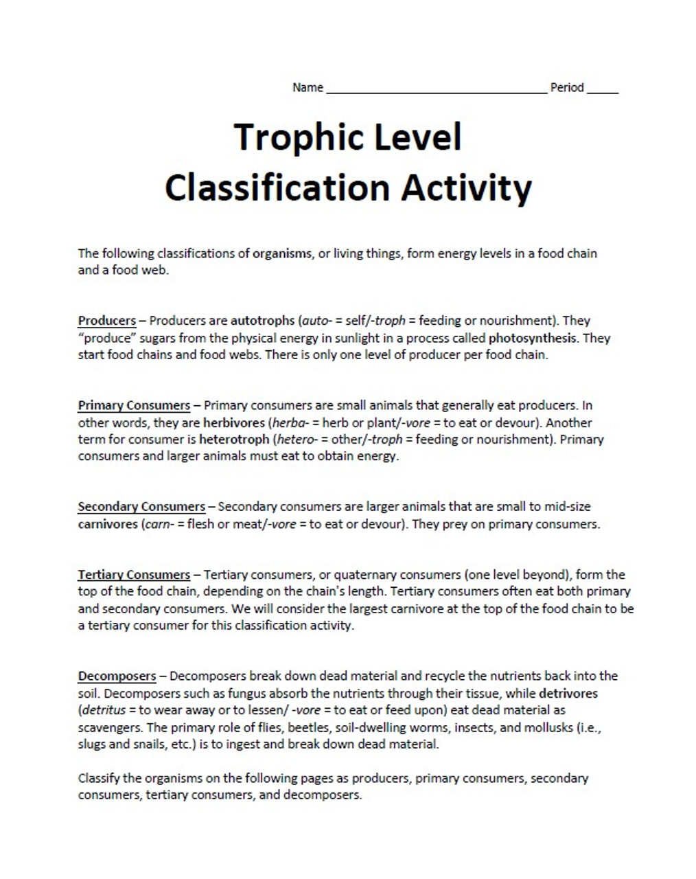 Trophic Level Classification Activity (Producers, Consumers, and Decomposers)