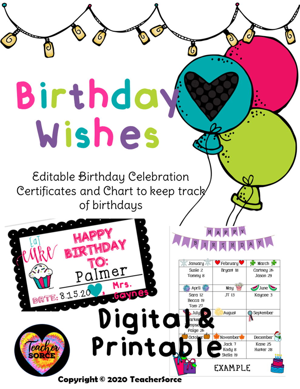 Birthday Wishes and Chart Digital and Printable