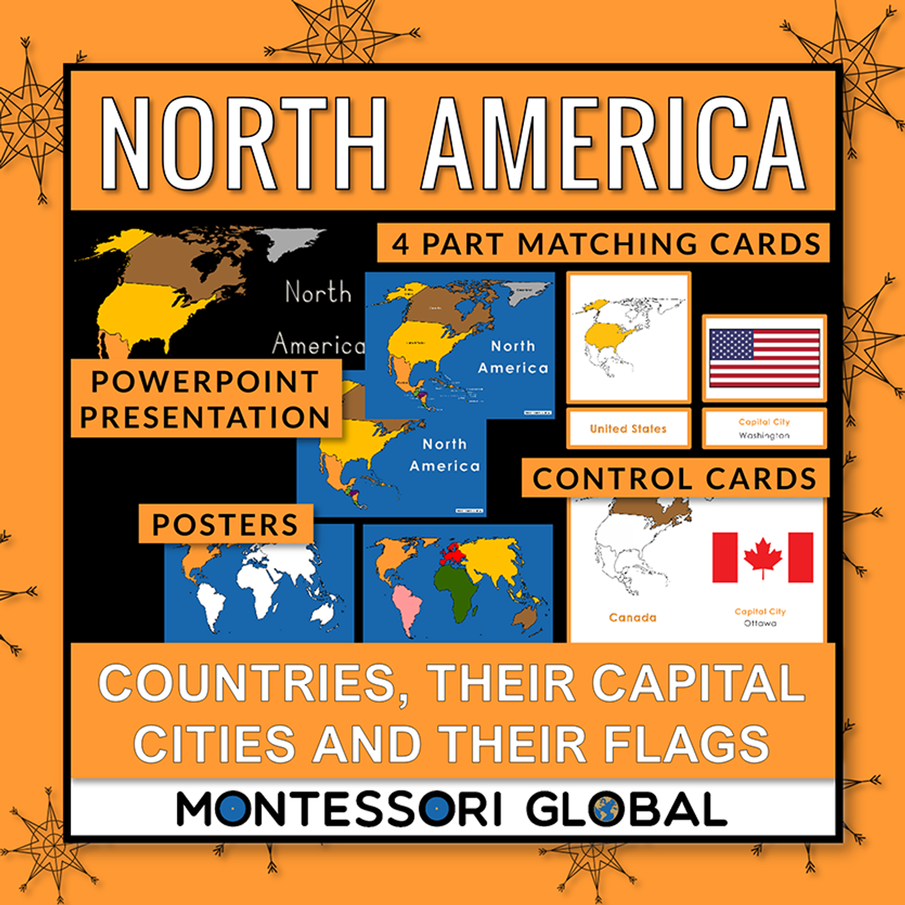 North America: Countries, Flags & Capital Cities: PowerPoint + Montessori Cards