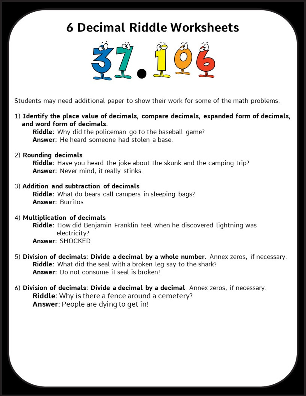 Decimal Worksheets for 5th and 6th Grade - Add, Subtract, Multiply, Divide, Compare, Round
