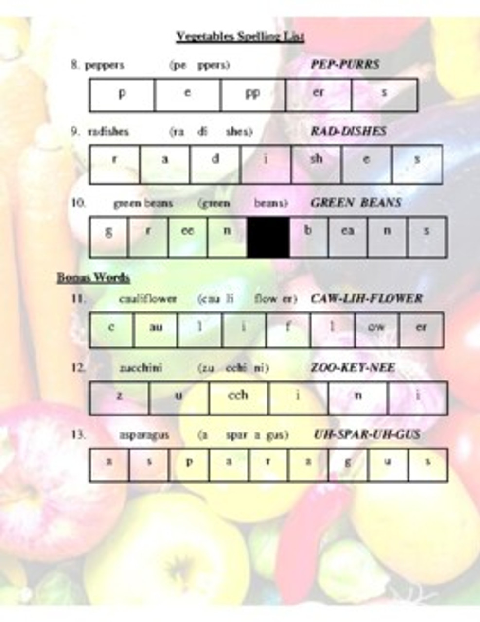 Vegetables Spelling List (Grade 2-4)